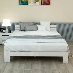 Lit Double 140x200 cm avec Tête de Lit, Cadre en Bois de Pin Massif et Sommier Intégré - Blanc, Sans Matelas>Okwish Discount