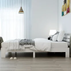 Lit Double 140x200 cm avec Tête de Lit, Cadre en Bois de Pin Massif et Sommier Intégré - Blanc, Sans Matelas><noscript><img width=