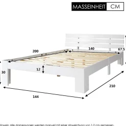 Lit Double 140x200 cm avec Tête de Lit, Cadre en Bois de Pin Massif et Sommier Intégré - Blanc, Sans Matelas><noscript><img width=
