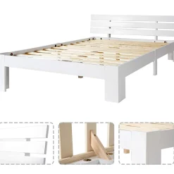 Lit Double 140x200 cm avec Tête de Lit, Cadre en Bois de Pin Massif et Sommier Intégré - Blanc, Sans Matelas><noscript><img width=