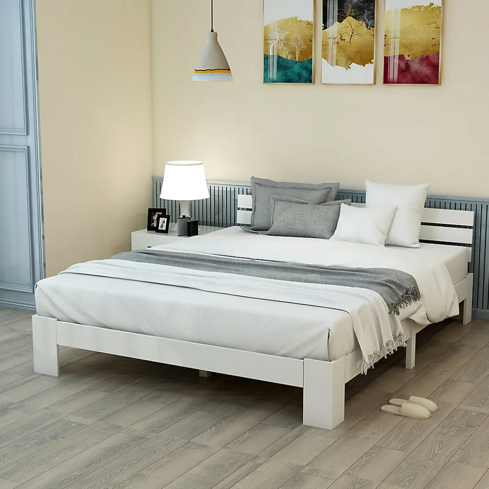 Lit Double 140x200 cm avec Tête de Lit, Cadre en Bois de Pin Massif et Sommier Intégré - Blanc, Sans Matelas>Okwish Discount
