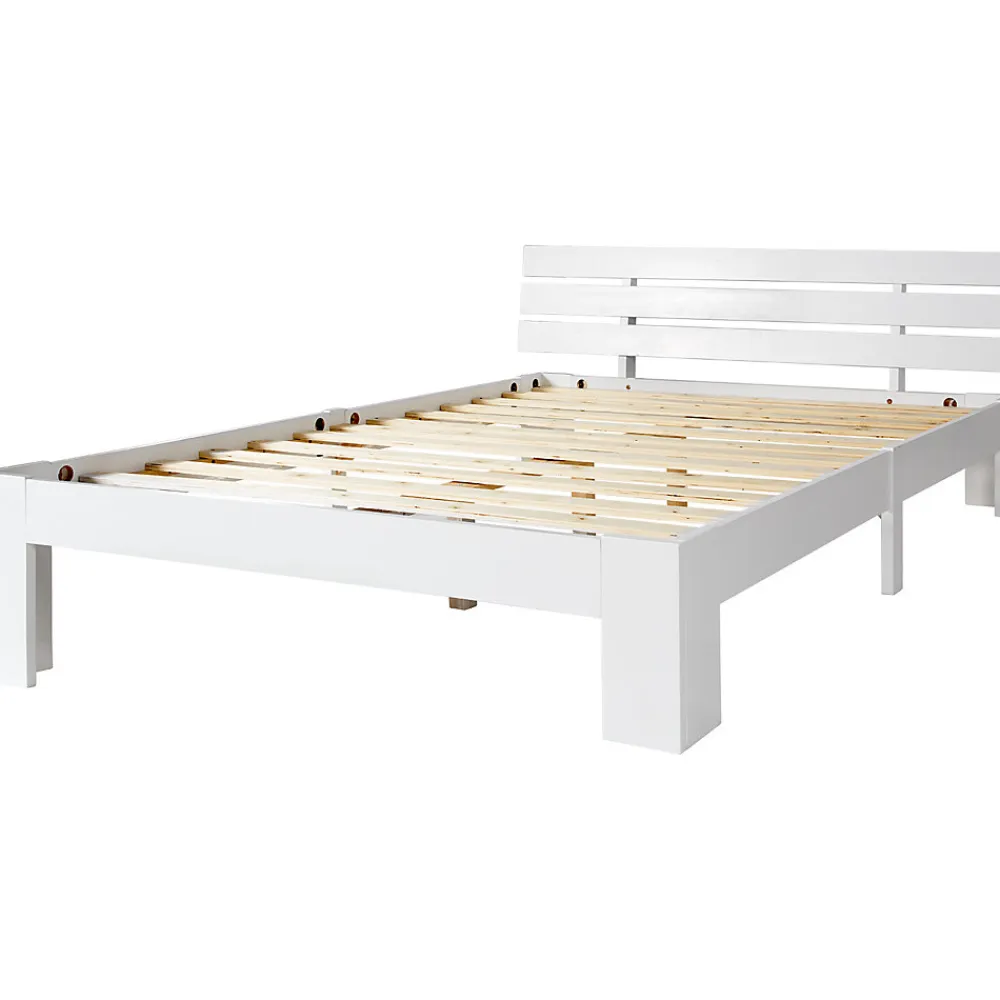 Lit Double 140x200 cm avec Tête de Lit, Cadre en Bois de Pin Massif et Sommier Intégré - Blanc, Sans Matelas>Okwish Discount