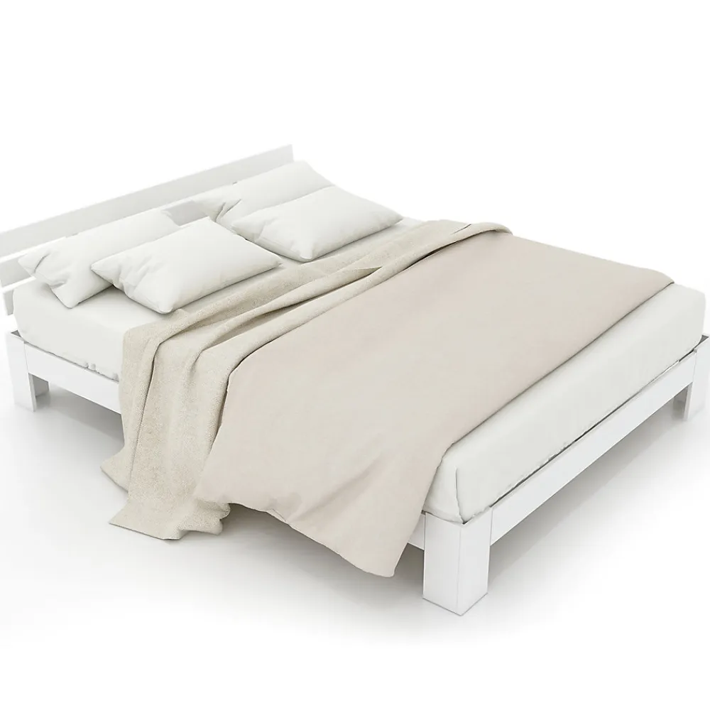 Lit Double 140x200 cm avec Tête de Lit, Cadre en Bois de Pin Massif et Sommier Intégré - Blanc, Sans Matelas>Okwish Discount