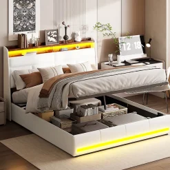 Generique Lit double 140x200 cm avec tête de lit rembourrée, LED, ports USB Type-C, rangement intégré et sommier à lattes* Lit Double