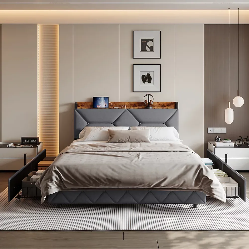 ProximaX Lit double 140x200 cm avec tête de lit, Lit rembourré avec rangements cachés, lit coffre avec ports USB/Type-C et 4 tiroirs, Gris* Lit Coffre
