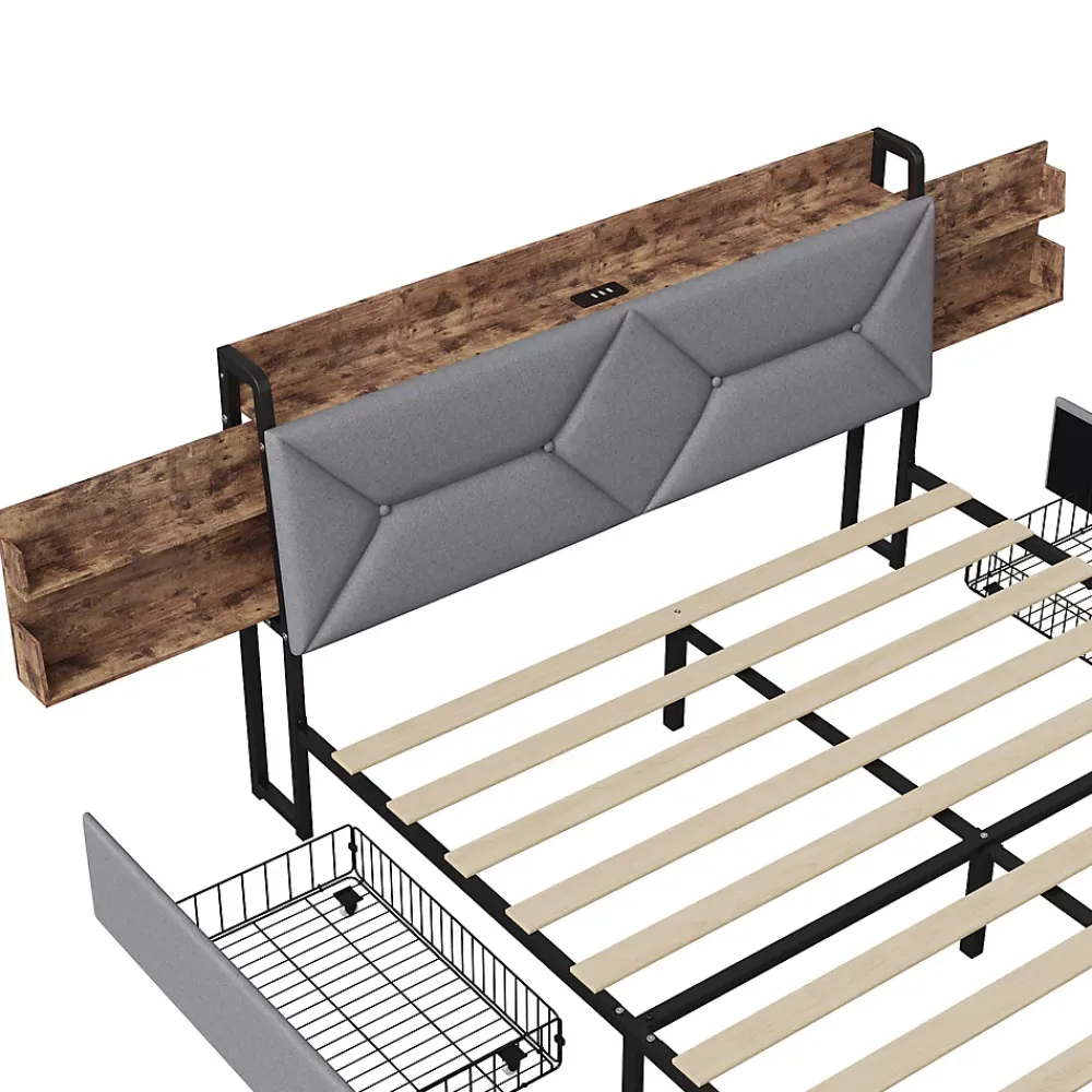 ProximaX Lit double 140x200 cm avec tête de lit, Lit rembourré avec rangements cachés, lit coffre avec ports USB/Type-C et 4 tiroirs, Gris* Lit Coffre