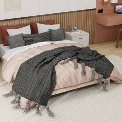Lit Double 160x200 cm Bas Moderne pour Adulte/Ado avec Structure Stable, Sans Tête de Lit, Sans Matelas, Velours Hollandais Beige><noscript><img width=