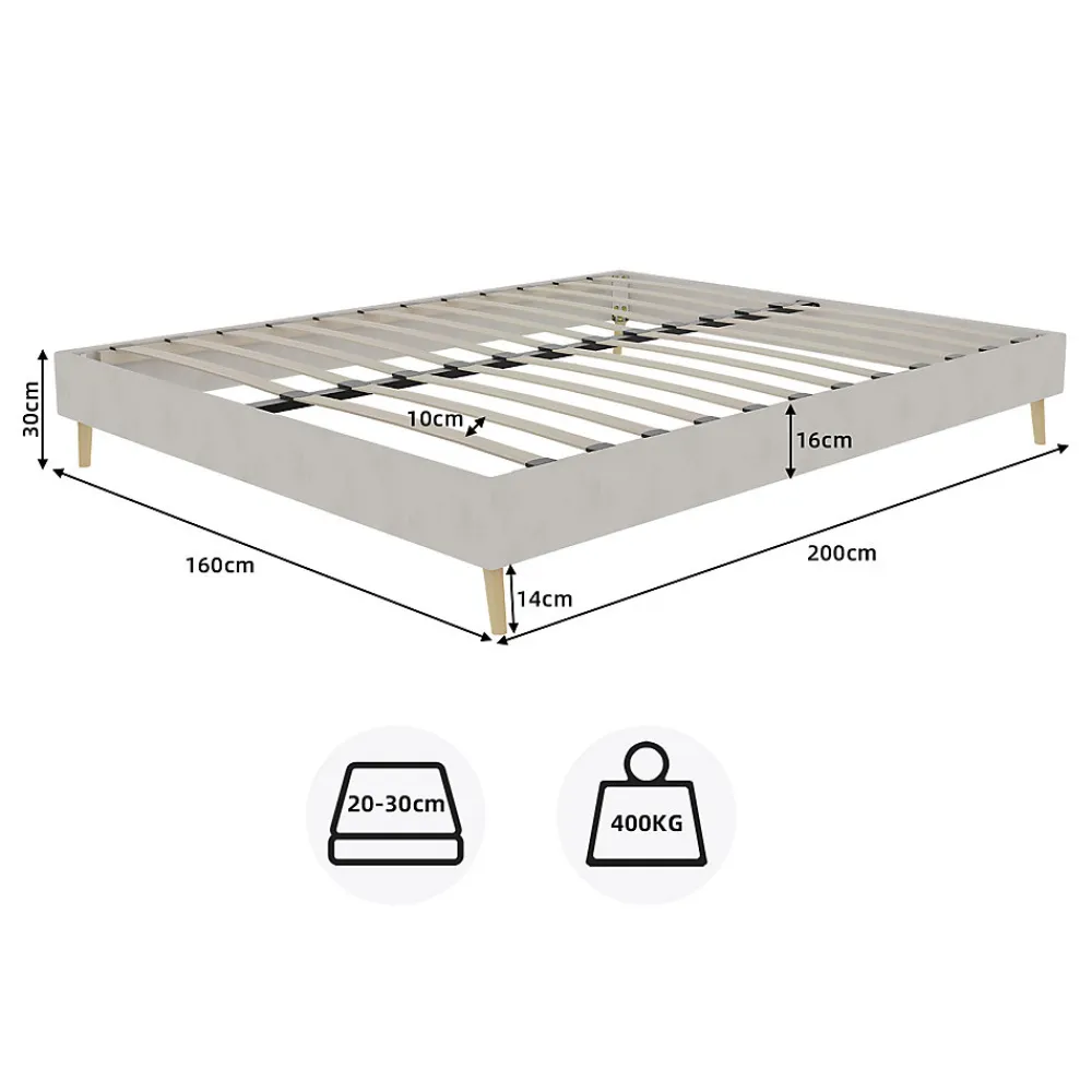 Lit Double 160x200 cm Bas Moderne pour Adulte/Ado avec Structure Stable, Sans Tête de Lit, Sans Matelas, Velours Hollandais Beige>Okwish Discount