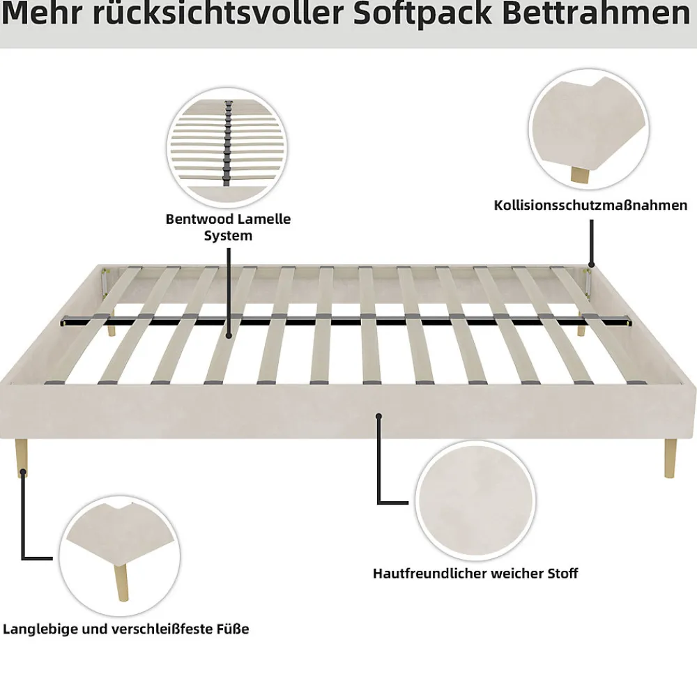 Lit Double 160x200 cm Bas Moderne pour Adulte/Ado avec Structure Stable, Sans Tête de Lit, Sans Matelas, Velours Hollandais Beige>Okwish Discount