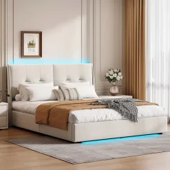 ProximaX Lit double 160x200 cm beige avec tête de lit rembourrée, LED intégré, rangement sous sommier et design minimaliste* Lit Coffre