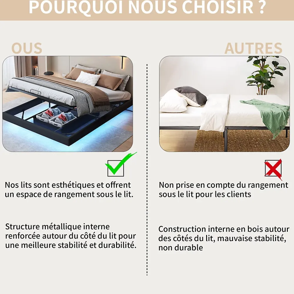 ProximaX Lit double 160x200 cm beige design flottant avec LED, sommier lattes bois, structure métal, Sans tête, rangement intégré* Lit Coffre