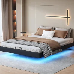 ProximaX Lit double 160x200 cm beige design flottant avec LED, sommier lattes bois, structure métal, Sans tête, rangement intégré* Lit Coffre