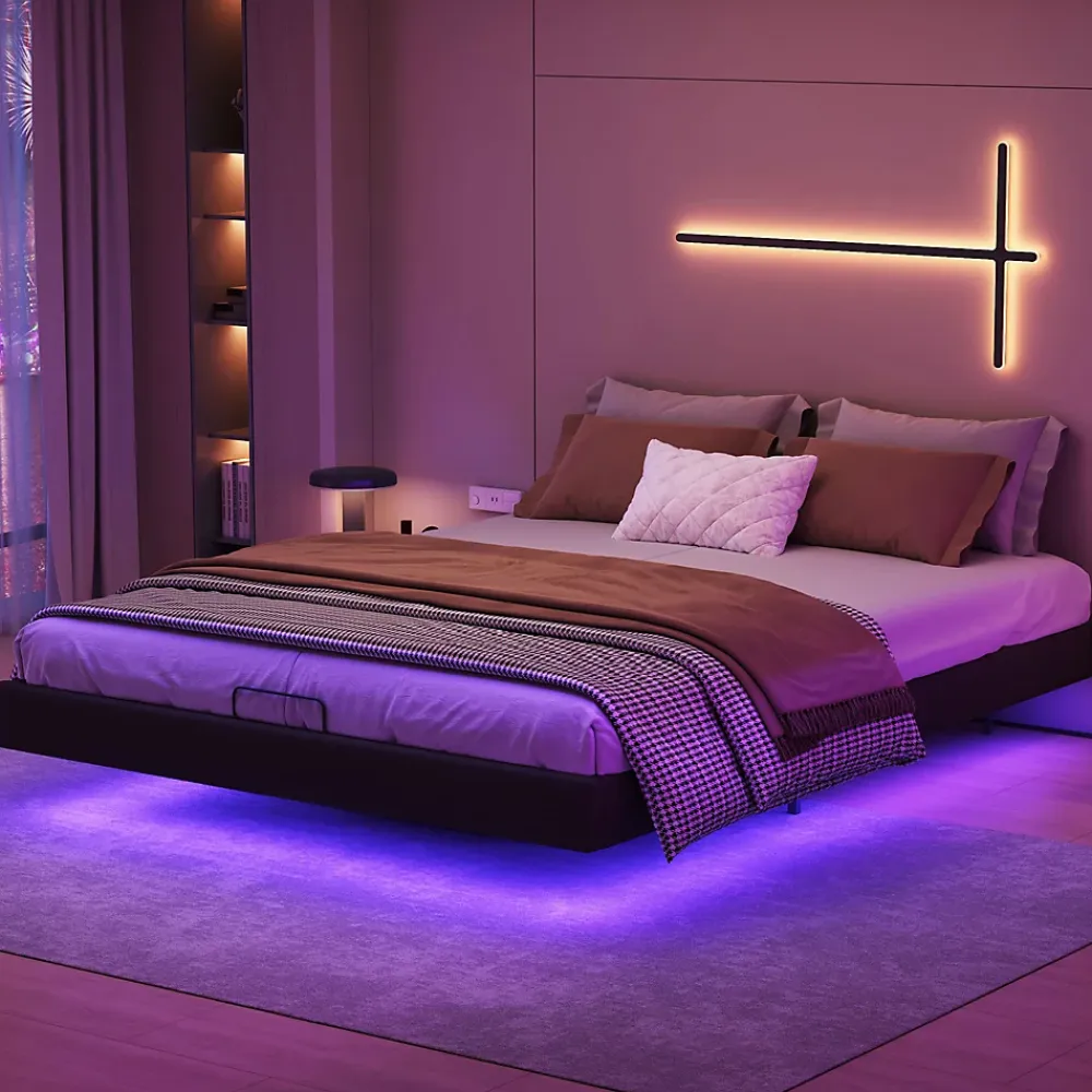 ProximaX Lit double 160x200 cm beige design flottant avec LED, sommier lattes bois, structure métal, Sans tête, rangement intégré* Lit Coffre