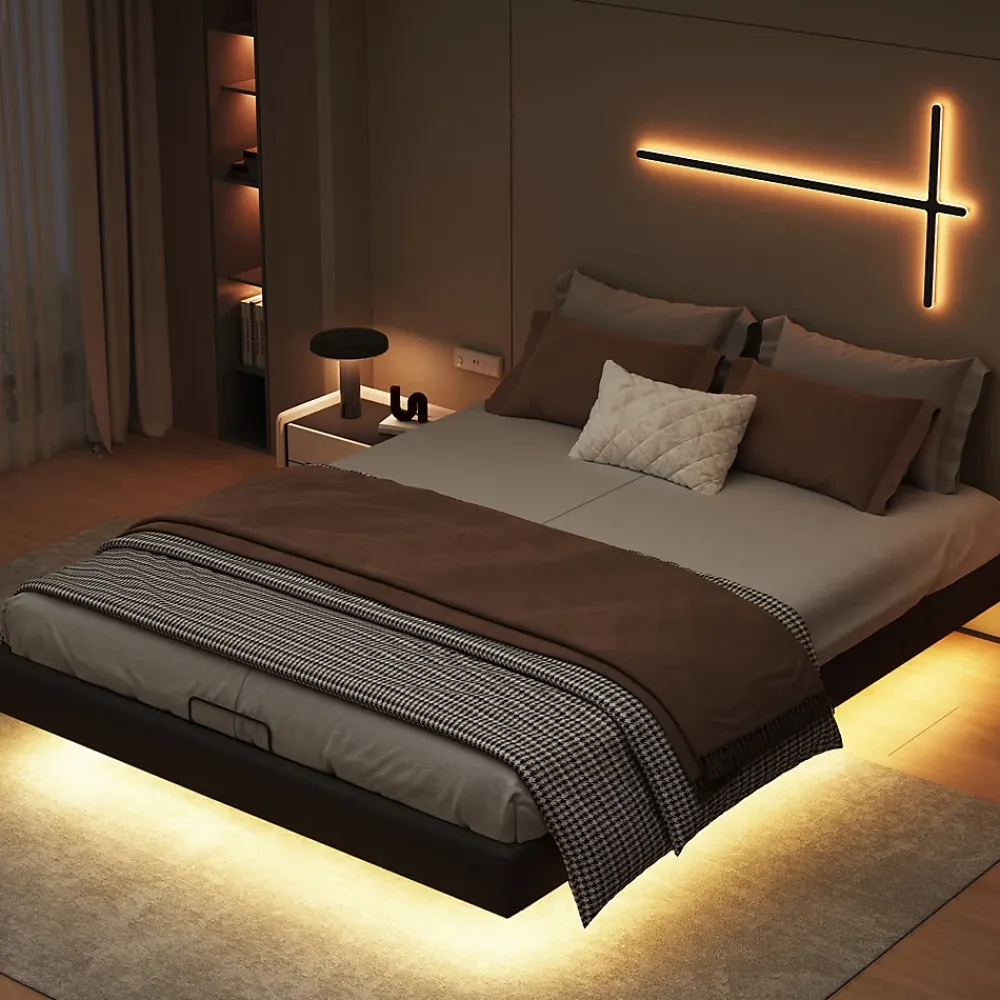 ProximaX Lit double 160x200 cm beige design flottant avec LED, sommier lattes bois, structure métal, Sans tête, rangement intégré* Lit Coffre