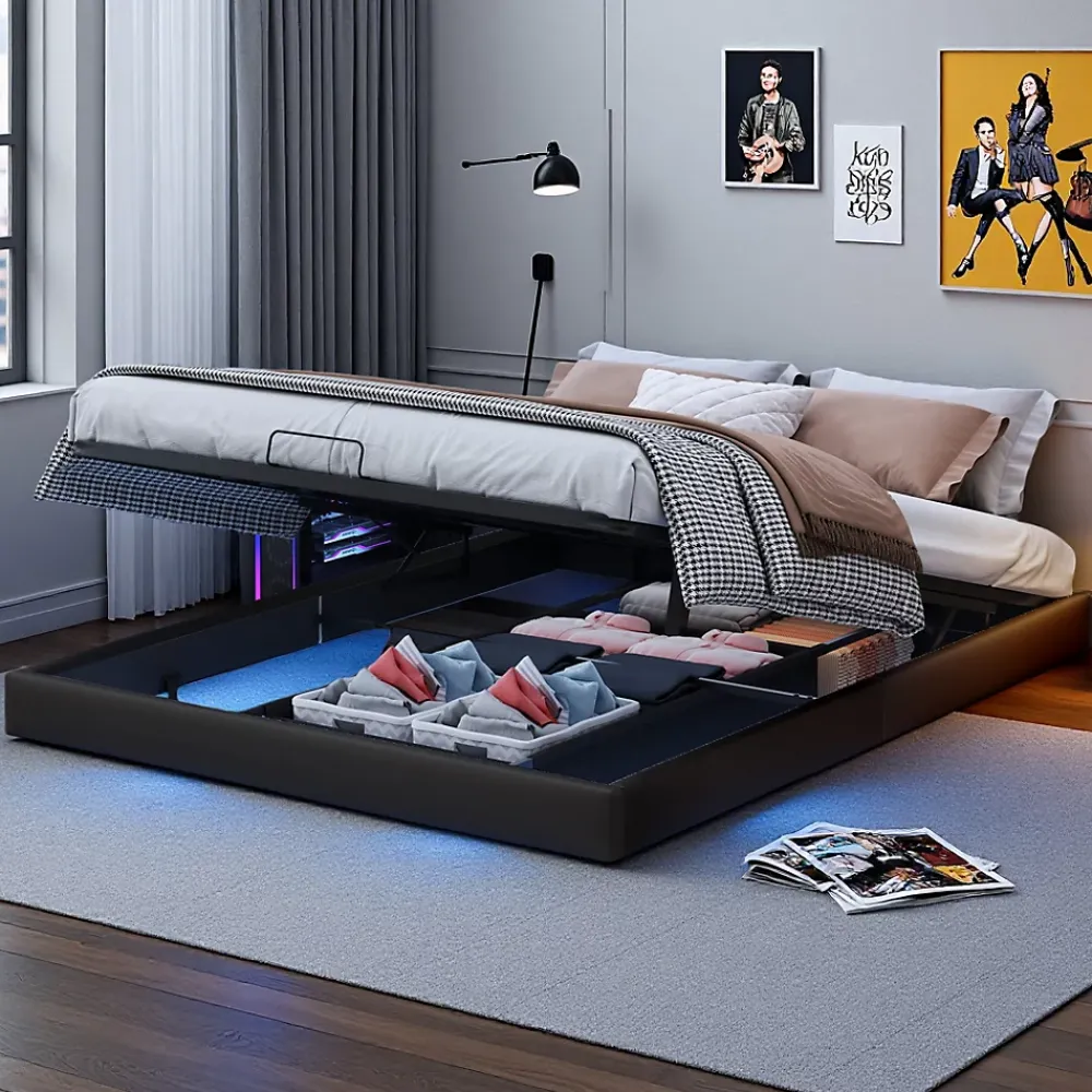 ProximaX Lit double 160x200 cm beige design flottant avec LED, sommier lattes bois, structure métal, Sans tête, rangement intégré* Lit Coffre