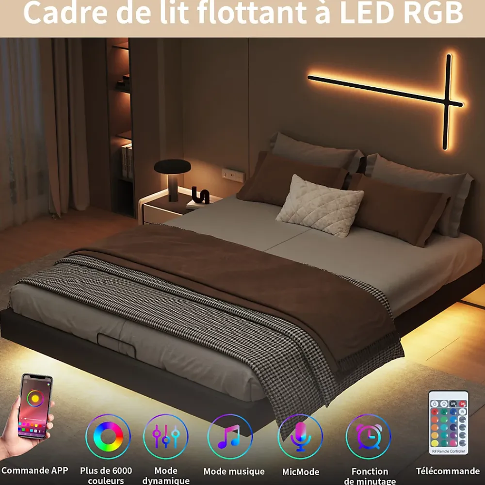 ProximaX Lit double 160x200 cm beige design flottant avec LED, cadre métal, sommier à lattes bois et espace de rangement (sans tête de lit)* Lit Coffre