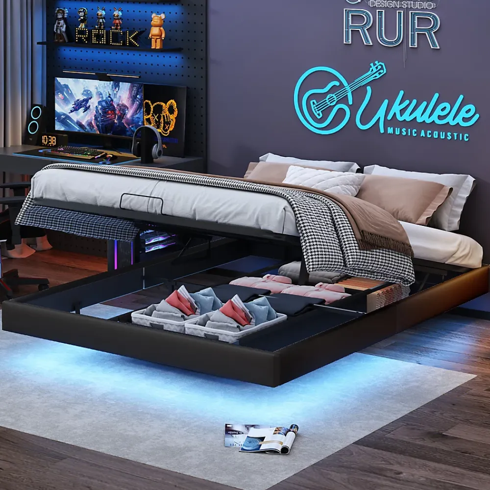 ProximaX Lit double 160x200 cm beige design flottant avec LED, cadre métal, sommier à lattes bois et espace de rangement (sans tête de lit)* Lit Coffre