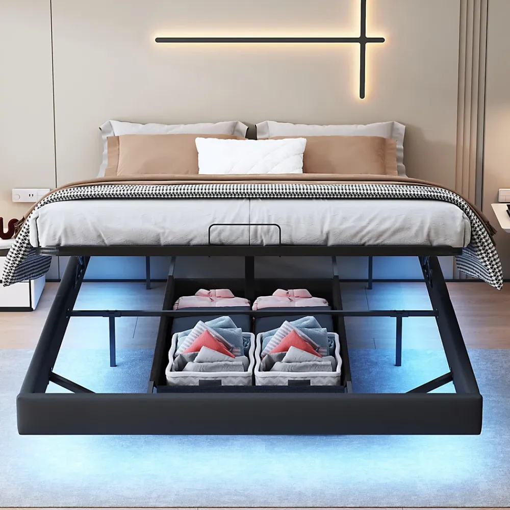 ProximaX Lit double 160x200 cm beige design flottant avec LED, cadre métal, sommier à lattes bois et espace de rangement (sans tête de lit)* Lit Coffre