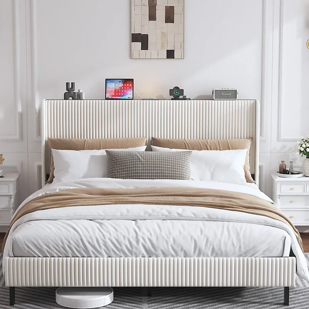 Okwish Lit double 180x200 cm capitonné adulte avec métallique stable et design à ailes - plateforme rembourrée velours côtelé beige/crème* Lit Double