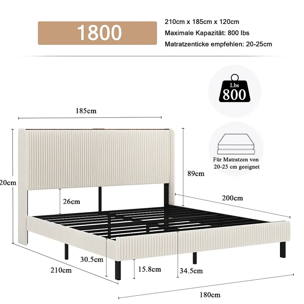 Okwish Lit double 180x200 cm capitonné adulte avec métallique stable et design à ailes - plateforme rembourrée velours côtelé beige/crème* Lit Double