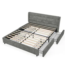 Okwish Lit Double 160x200 cm Capitonné, 4 Tiroirs, Facile à Assembler pour Chambre Parentale ou d'Invité, Gris Foncé, Sans Matelas* Lit Double