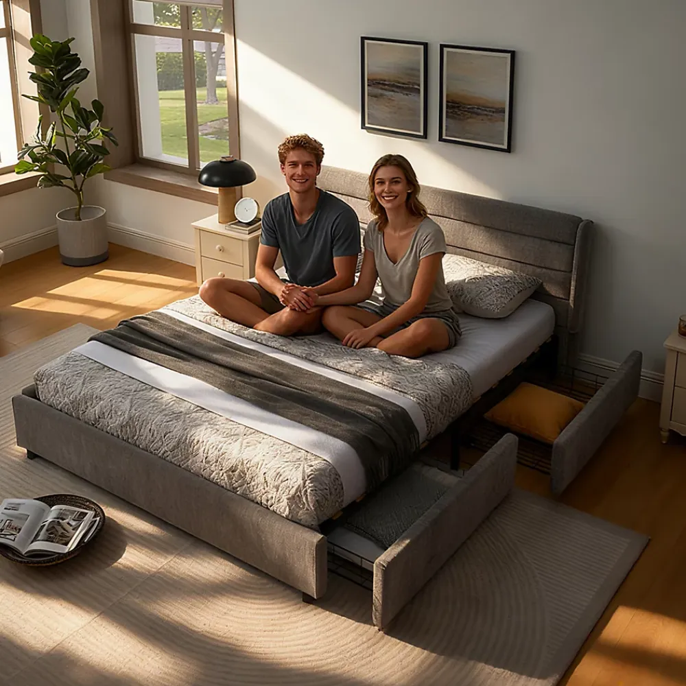 Okwish Lit Double 160x200 cm Capitonné, 4 Tiroirs, Facile à Assembler pour Chambre Parentale ou d'Invité, Gris Foncé, Sans Matelas* Lit Double
