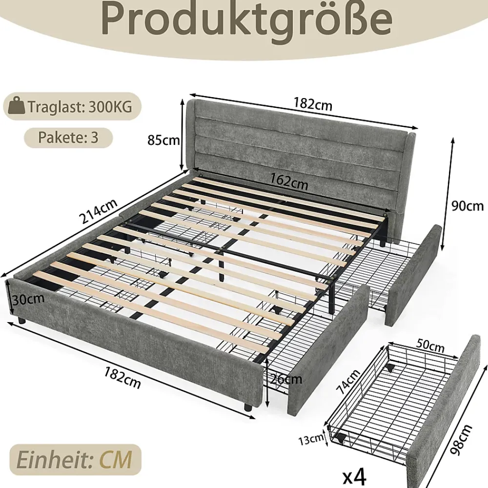 Okwish Lit Double 160x200 cm Capitonné, 4 Tiroirs, Facile à Assembler pour Chambre Parentale ou d'Invité, Gris Foncé, Sans Matelas* Lit Double