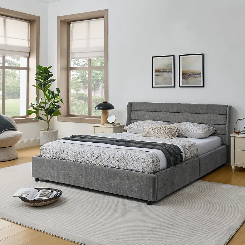 Okwish Lit Double 160x200 cm Capitonné, 4 Tiroirs, Facile à Assembler pour Chambre Parentale ou d'Invité, Gris Foncé, Sans Matelas* Lit Double