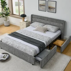Okwish Lit Double 160x200 cm Capitonné, 4 Tiroirs, Facile à Assembler pour Chambre Parentale ou d'Invité, Gris Foncé, Sans Matelas* Lit Double