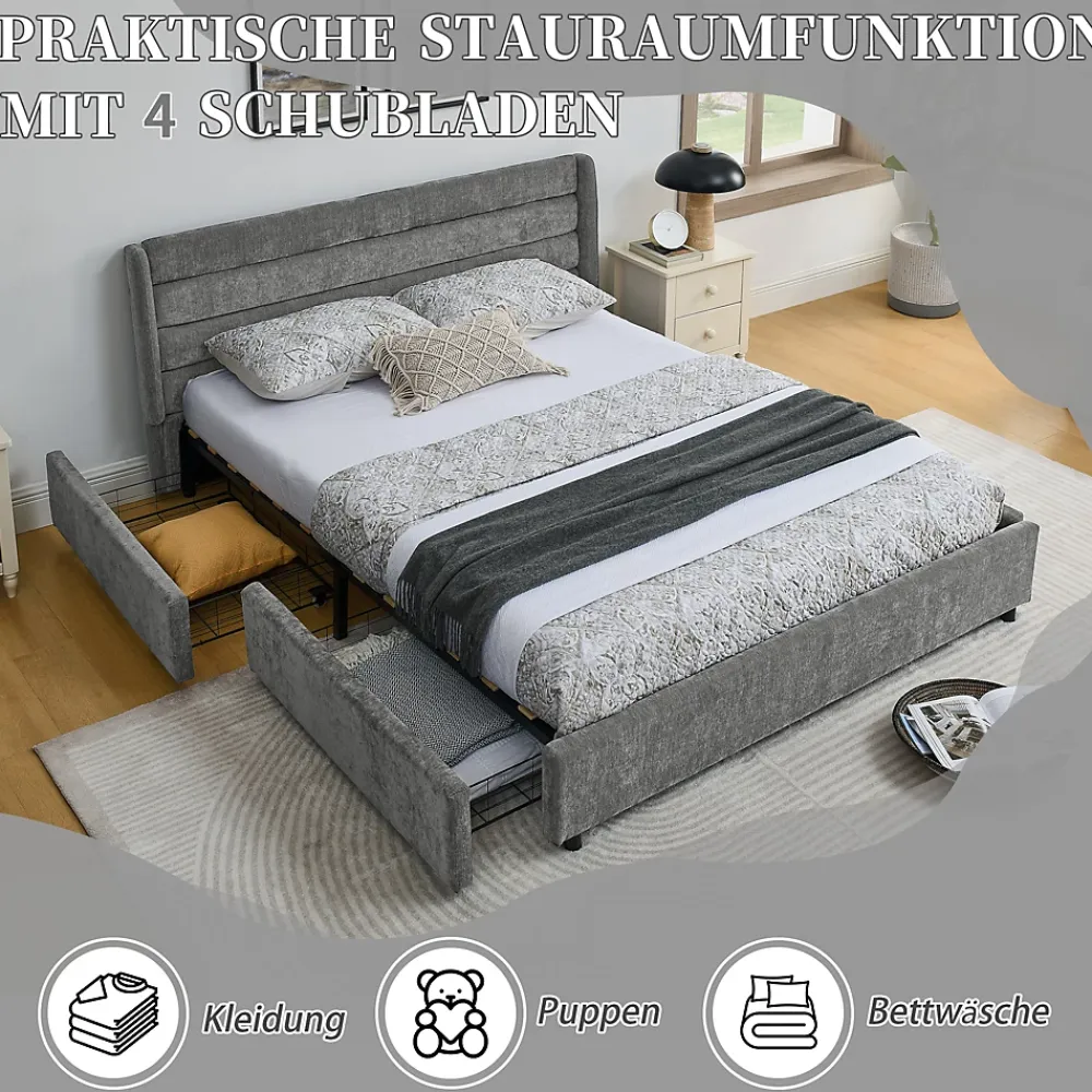Okwish Lit Double 160x200 cm Capitonné, 4 Tiroirs, Facile à Assembler pour Chambre Parentale ou d'Invité, Gris Foncé, Sans Matelas* Lit Double