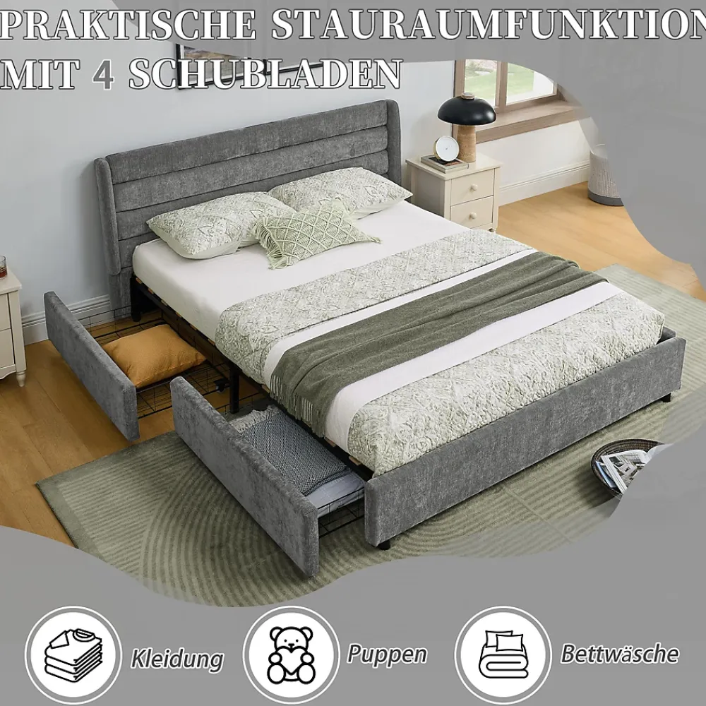 Okwish Lit Double 140x200 cm Capitonné, 4 Tiroirs, Facile à Assembler pour Chambre d'Ado ou d'Invité, Gris Foncé, Sans Matelas* Lit Double