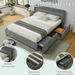 Okwish Lit Double 140x200 cm Capitonné, 4 Tiroirs, Facile à Assembler pour Chambre d'Ado ou d'Invité, Gris Foncé, Sans Matelas* Lit Double