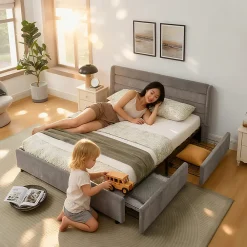 Okwish Lit Double 140x200 cm Capitonné, 4 Tiroirs, Facile à Assembler pour Chambre d'Ado ou d'Invité, Gris Foncé, Sans Matelas* Lit Double