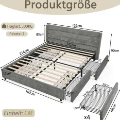 Okwish Lit Double 140x200 cm Capitonné, 4 Tiroirs, Facile à Assembler pour Chambre d'Ado ou d'Invité, Gris Foncé, Sans Matelas* Lit Double