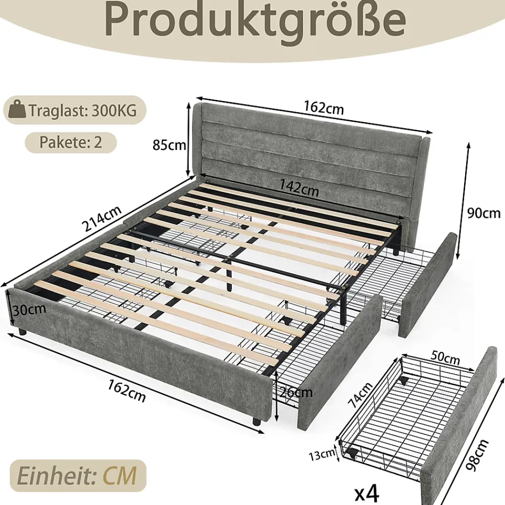 Okwish Lit Double 140x200 cm Capitonné, 4 Tiroirs, Facile à Assembler pour Chambre d'Ado ou d'Invité, Gris Foncé, Sans Matelas* Lit Double