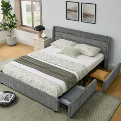 Okwish Lit Double 140x200 cm Capitonné, 4 Tiroirs, Facile à Assembler pour Chambre d'Ado ou d'Invité, Gris Foncé, Sans Matelas* Lit Double