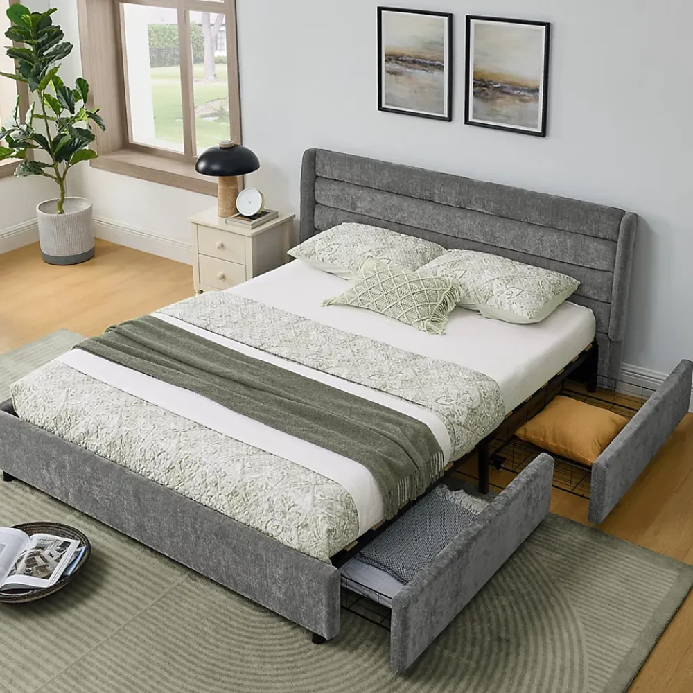 Okwish Lit Double 140x200 cm Capitonné, 4 Tiroirs, Facile à Assembler pour Chambre d'Ado ou d'Invité, Gris Foncé, Sans Matelas* Lit Double