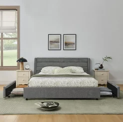 Okwish Lit Double 140x200 cm Capitonné, 4 Tiroirs, Facile à Assembler pour Chambre d'Ado ou d'Invité, Gris Foncé, Sans Matelas* Lit Double