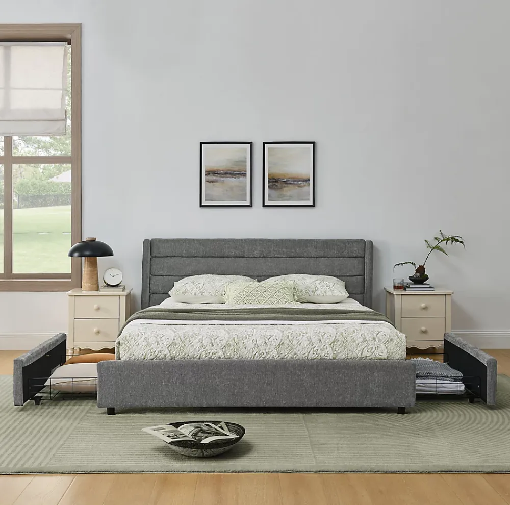 Okwish Lit Double 140x200 cm Capitonné, 4 Tiroirs, Facile à Assembler pour Chambre d'Ado ou d'Invité, Gris Foncé, Sans Matelas* Lit Double