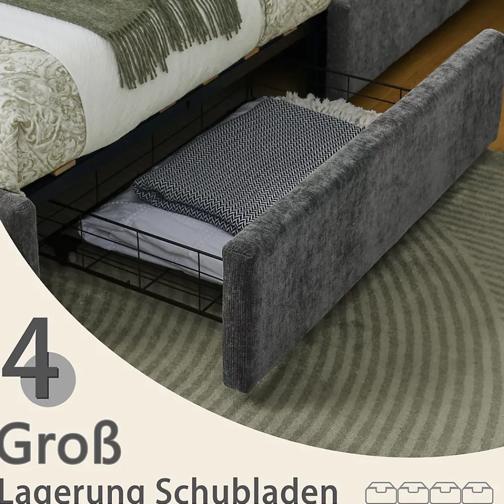 Okwish Lit Double 140x200 cm Capitonné, 4 Tiroirs, Facile à Assembler pour Chambre d'Ado ou d'Invité, Gris Foncé, Sans Matelas* Lit Double