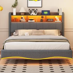Okwish Lit Double 140x200 cm capitonné avec LED et Ports USB/Type-C, Coffre Intégré, Tissu Gris, Sans Matelas* Lit Double