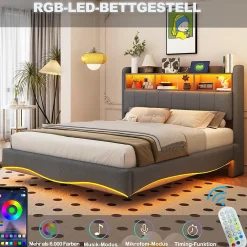 Okwish Lit Double 140x200 cm capitonné avec LED et Ports USB/Type-C, Coffre Intégré, Tissu Gris, Sans Matelas* Lit Double