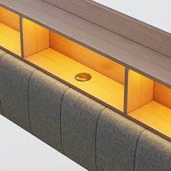 Okwish Lit Double 140x200 cm capitonné avec LED et Ports USB/Type-C, Coffre Intégré, Tissu Gris, Sans Matelas* Lit Double