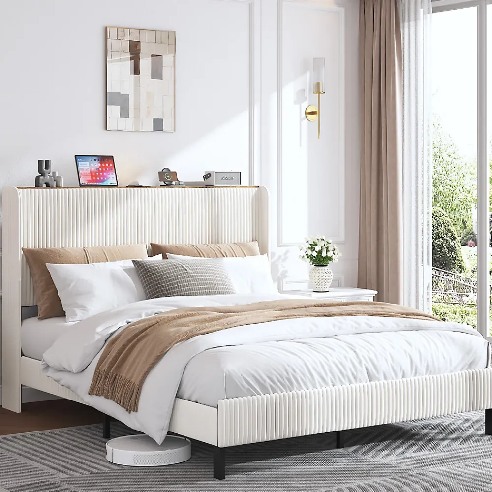 Okwish Lit double 160x200 cm capitonné adulte avec métallique stable et design à ailes - plateforme rembourrée velours côtelé beige/crème* Lit Double