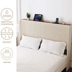 Okwish Lit double 160x200 cm capitonné adulte avec métallique stable et design à ailes - plateforme rembourrée velours côtelé beige/crème* Lit Double