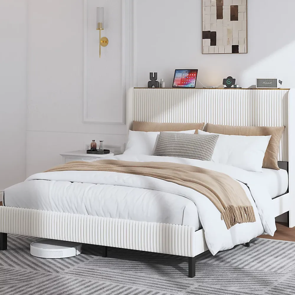 Okwish Lit double 160x200 cm capitonné adulte avec métallique stable et design à ailes - plateforme rembourrée velours côtelé beige/crème* Lit Double
