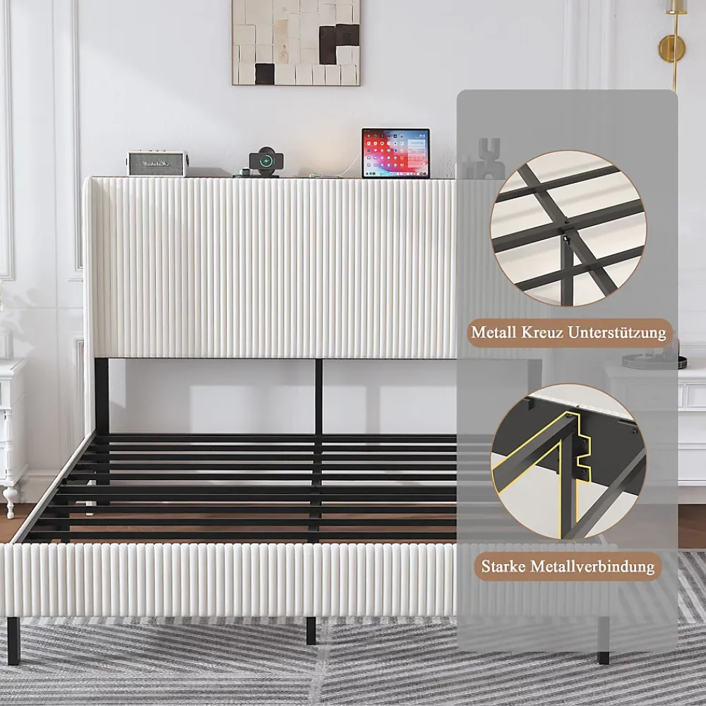 Okwish Lit double 160x200 cm capitonné adulte avec métallique stable et design à ailes - plateforme rembourrée velours côtelé beige/crème* Lit Double