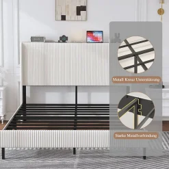 Okwish Lit double 140x200 cm capitonné adulte avec métallique stable et design à ailes - plateforme rembourrée velours côtelé beige/crème* Lit Double