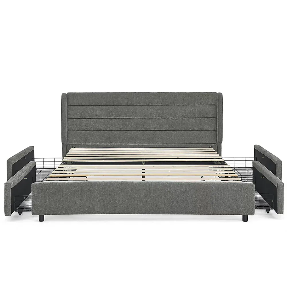 Blackcolors Lit double 160x200 cm, chenille, 4 tiroirs - gris foncé* Lit Coffre