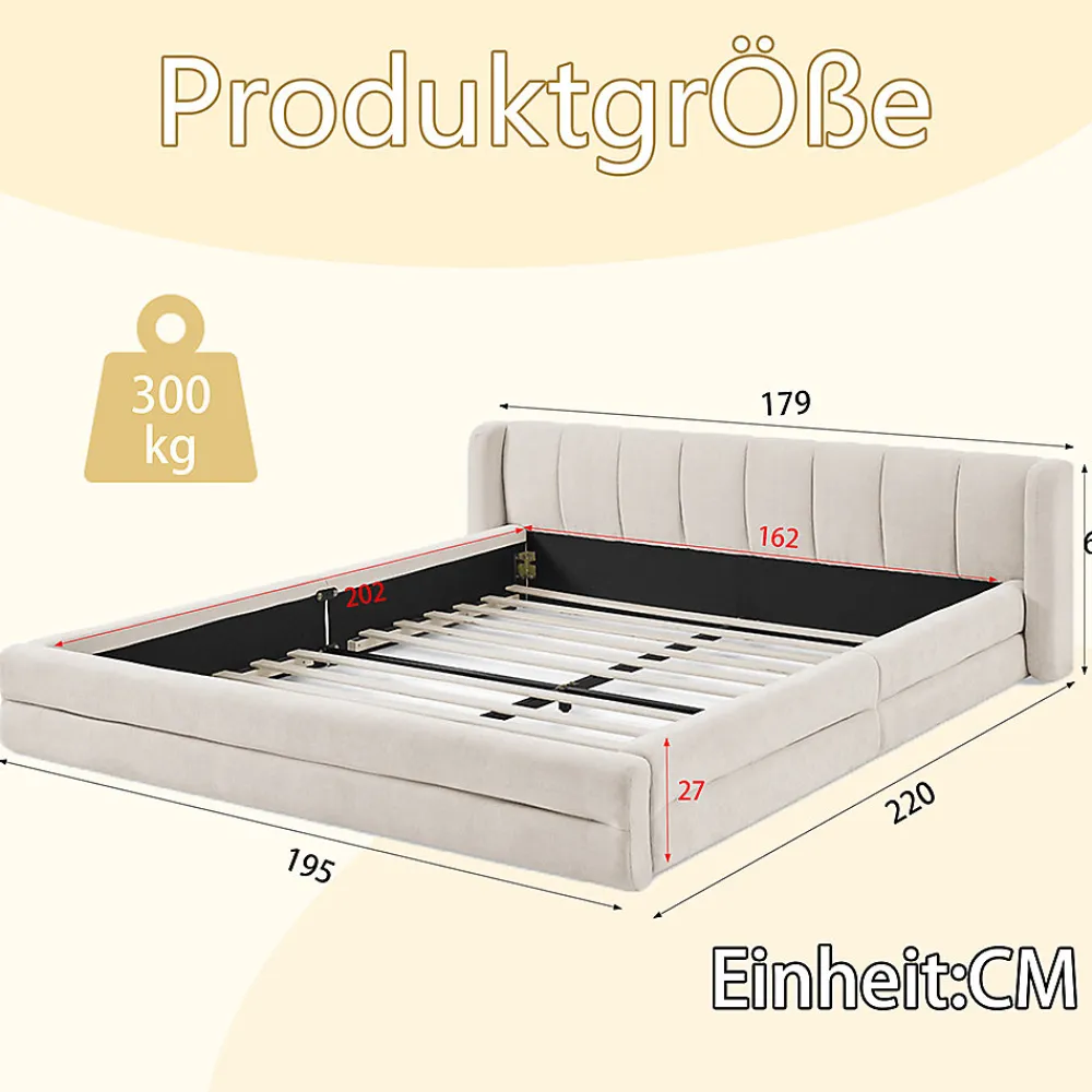 Lit double 160x200 cm, chenille, cadre eucalyptus/fer - beige>Blackcolors New